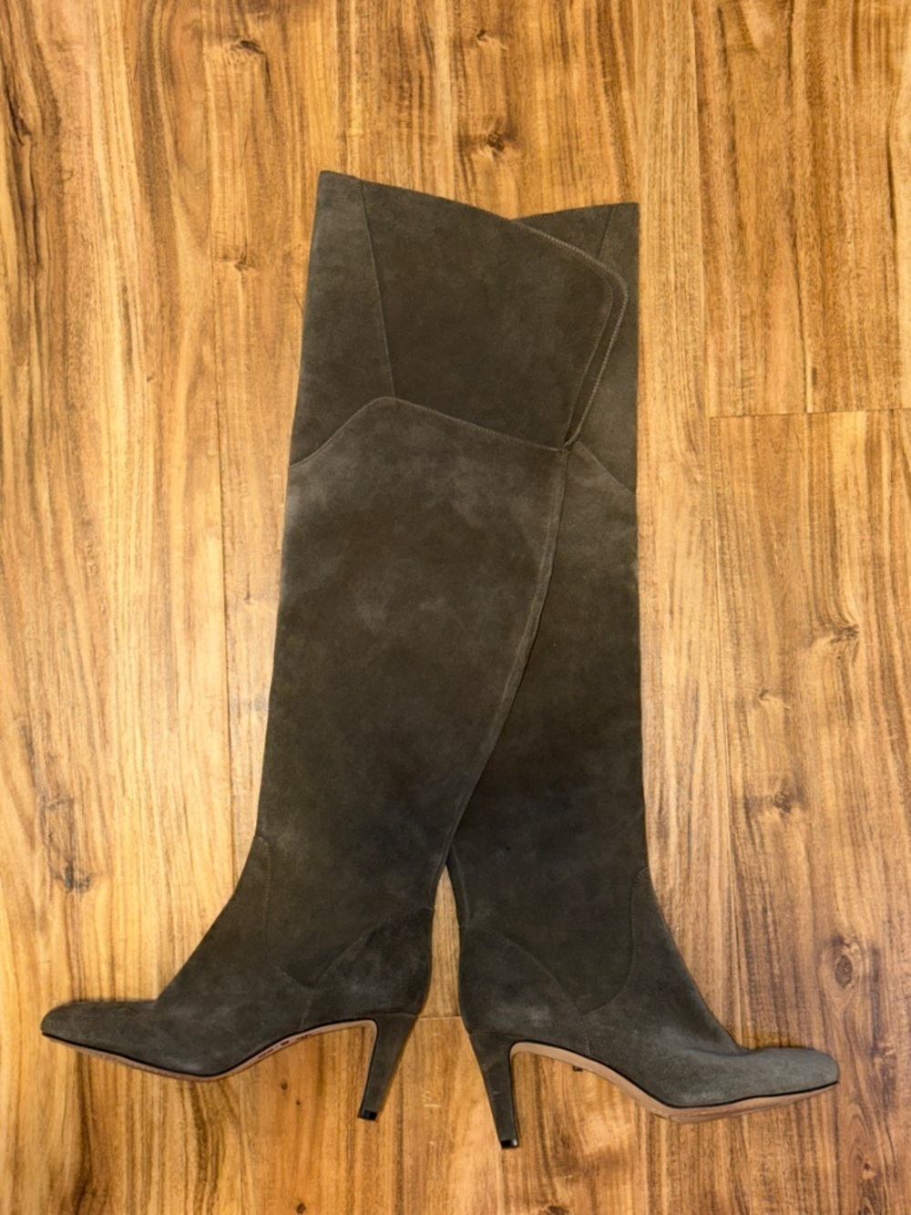 Vince Camuto women 9 Over the knee heeled boot suede leather grey olive armaceli
